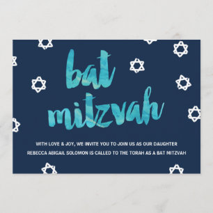 Invitation Aquarelle bleue  Bat mitzvah unique