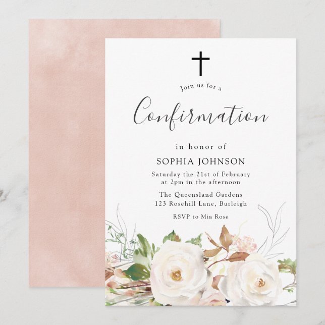 Invitation Aquarelle Bleue Bleu Bleu Joli Confirmation Floral (Devant / Derrière)