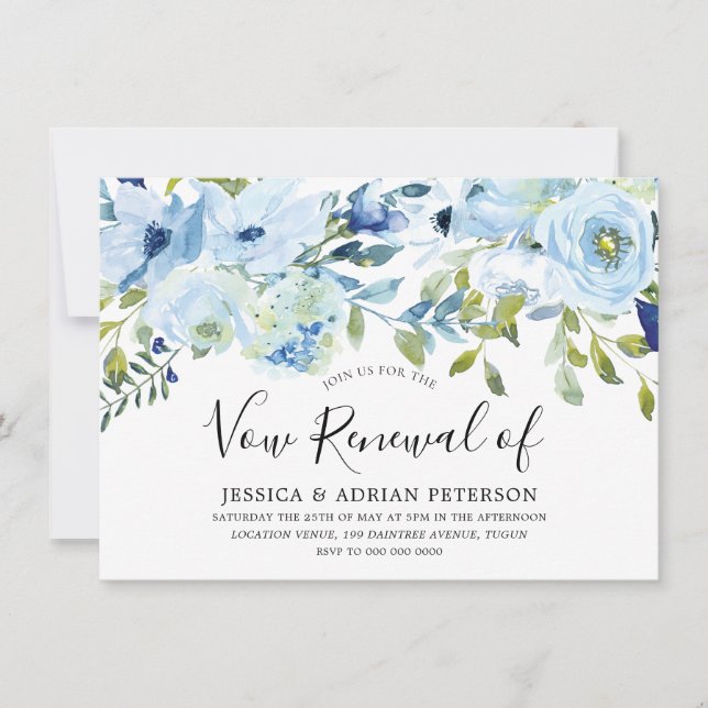 Invitation Aquarelle Bleue Bleu Bleu Mariage Floral Renouvell (Devant)
