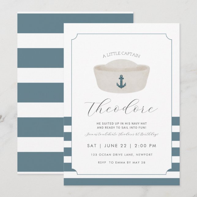 Invitation Aquarelle bleue Bleu Marine Casquette Premier anni (Devant / Derrière)