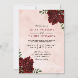 Invitation Aquarelle bleue Bourgogne Rouge Rose Mariage