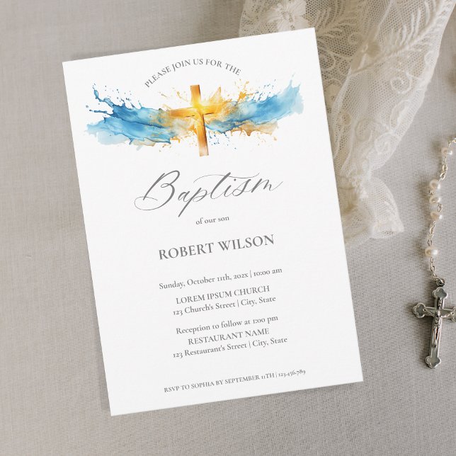 Invitation Aquarelle bleue Croix d'or Garçon Christening Bapt (Créateur téléchargé)