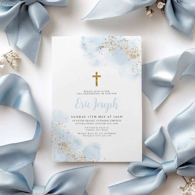 Invitation Aquarelle bleue Croix d'or Garçon Christening Bapt (Blue Watercolour and gold Boy's Baptism Invitation with Gold Cross. )