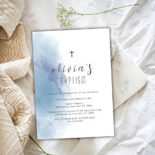 Invitation Aquarelle Bleue Croix Noire Baptême baptisant