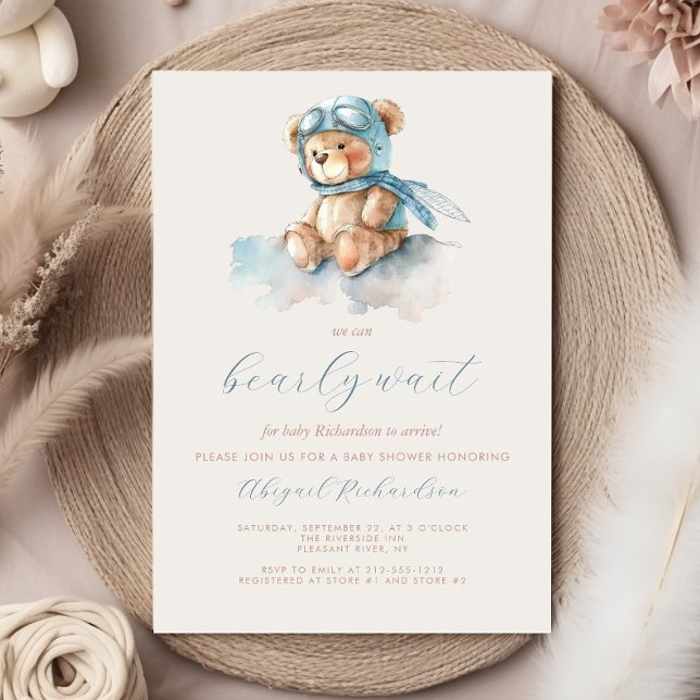 Invitation Aquarelle Bleue Cute Baby shower Garçon Ours Teddy (Créateur téléchargé)