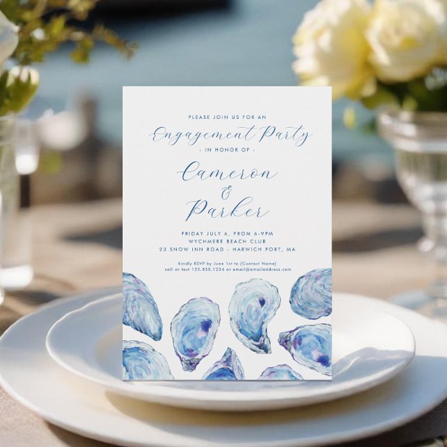 Invitation Aquarelle bleue de la partie Oyster Engagement (Oyster Engagement Party Invitation with elegant blue watercoor oyster shells from Concertina Press)