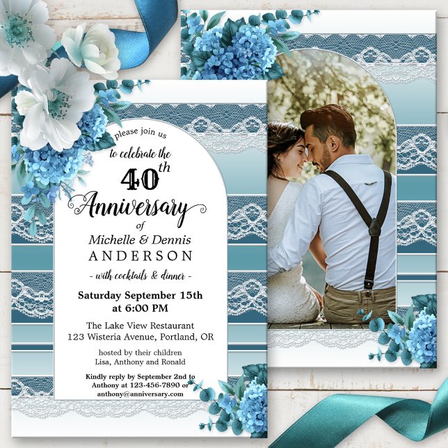 Invitation Aquarelle bleue Dentelle florale Anniversaire phot (Créateur téléchargé)