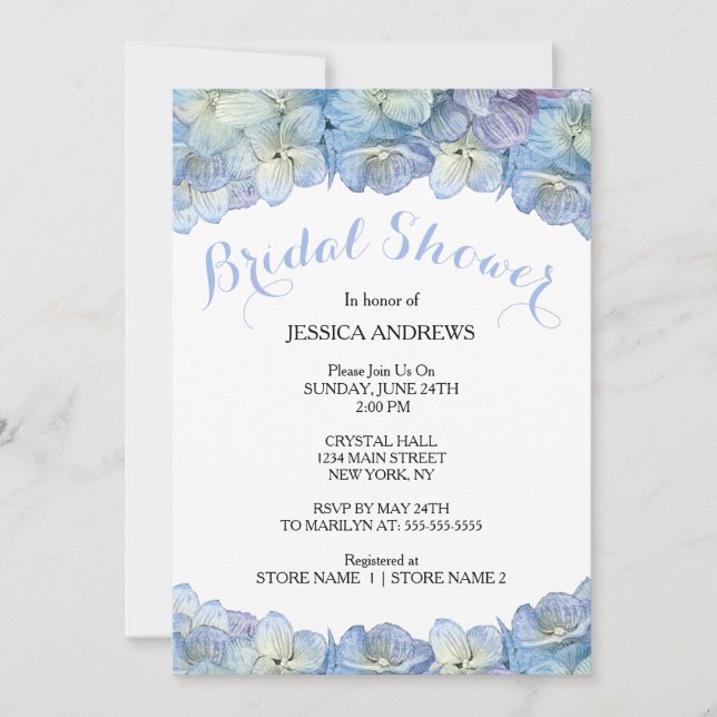 Invitation Aquarelle bleue d'hortensia de Fête de la mariée (Devant)