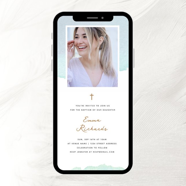 Invitation Aquarelle Bleue Élégante et Baptême photo (Créateur téléchargé)