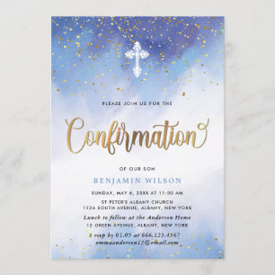 Invitation Aquarelle Bleue Et Or Confirmation Garçon