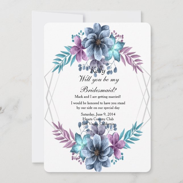 Invitation Aquarelle Bleue Et Violette Florale (Devant)