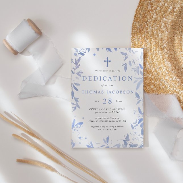 Invitation Aquarelle bleue Feuilles Dédication bébé & Baptême (Créateur téléchargé)
