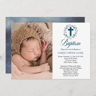 Invitation Aquarelle bleue Feuilles Wreath Boy Photo Baptême