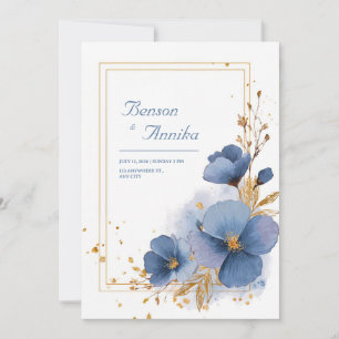 Invitation Aquarelle bleue fleurs élégantes mariage feuille d