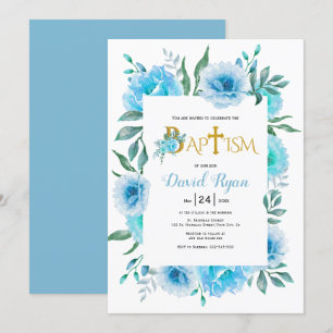 Invitation Aquarelle bleue fleurs garçon baptême floral