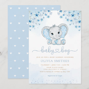 Invitation Aquarelle bleue Floral Elephant Baby shower garçon