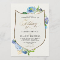 Aquarelle bleue Floral Vintage Gold Crest Mariage
