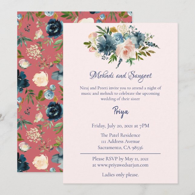 Invitation Aquarelle bleue Florale Mehndi Sangeet Garba Invit (Devant / Derrière)