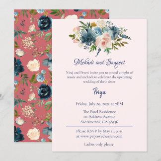 Invitation Aquarelle bleue Florale Mehndi Sangeet Garba Invit