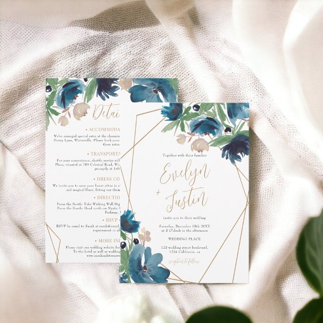Invitation Aquarelle bleue Florale Tout en un Mariage (Elegant dusty blue gold Floral Watercolor Wedding Invitation)