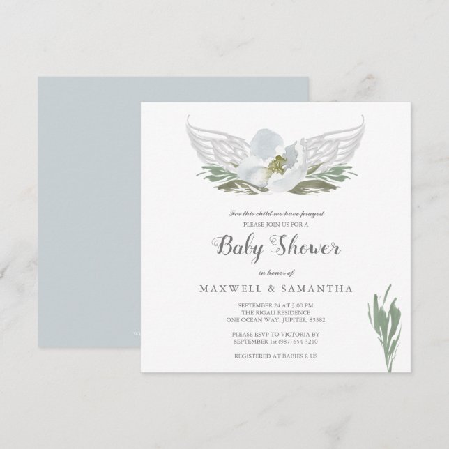 Invitation Aquarelle bleue Florals Angel Wings Baby shower (Devant / Derrière)