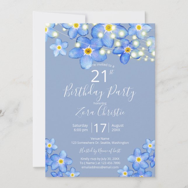 Invitation Aquarelle bleue Forget-Me-Nots 21e fête d'annivers (Devant)