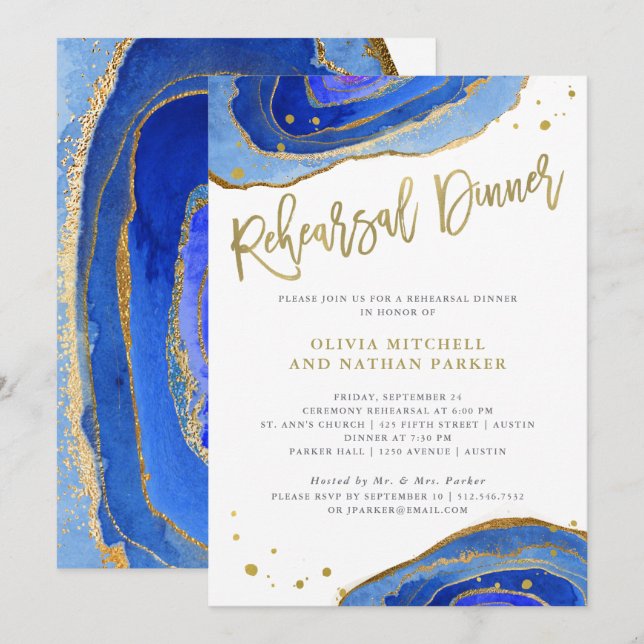 Invitation Aquarelle bleue Geode avec or| Dîner de répétition (Devant / Derrière)