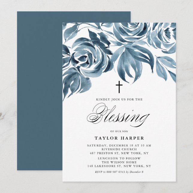 Invitation Aquarelle Bleue Hiver Bouquet Rose Baptême Invit (Devant / Derrière)