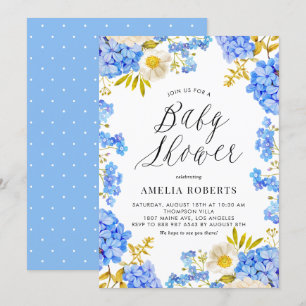 Invitation Aquarelle bleue Hydrangeas Baby shower Floral