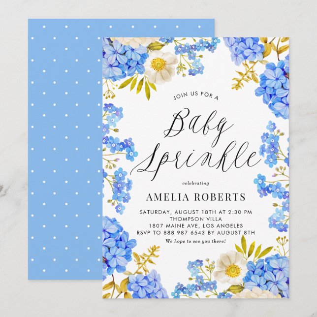 Invitation Aquarelle bleue Hydrangeas Floral Baby Sprinkel (Devant / Derrière)