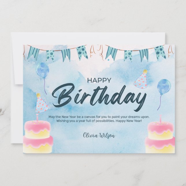 Invitation Aquarelle bleue Joyeux anniversaire (Devant)