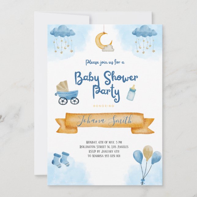 Invitation Aquarelle bleue Lune et étoiles Baby shower (Devant)