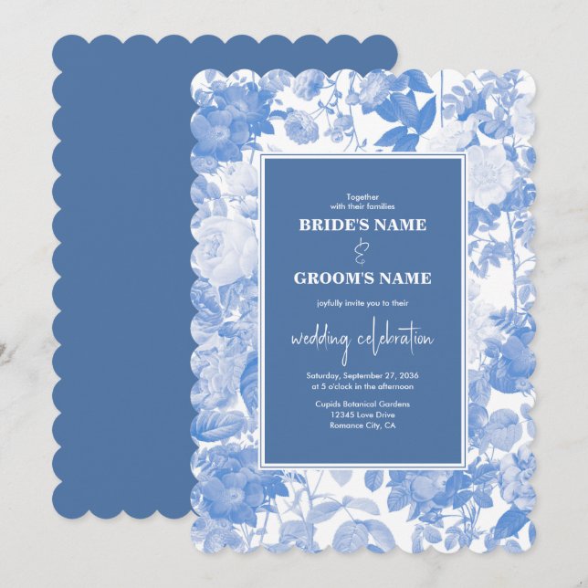 Invitation Aquarelle bleue Mariage de fleurs botaniques (Devant / Derrière)