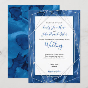 Invitation Aquarelle bleue/Mariage Lignes d'argent géométriqu