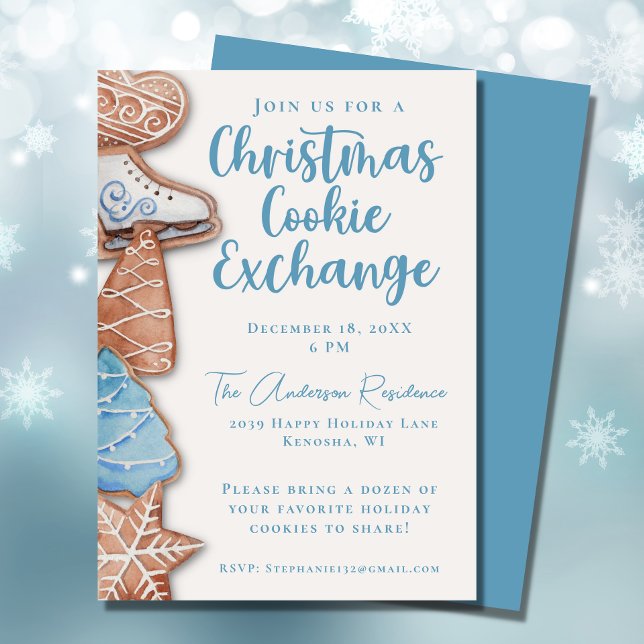 Invitation Aquarelle bleue Noël Échange de cookies (Créateur téléchargé)