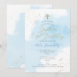 Invitation Aquarelle bleue Or Baptême+1er anniversaire