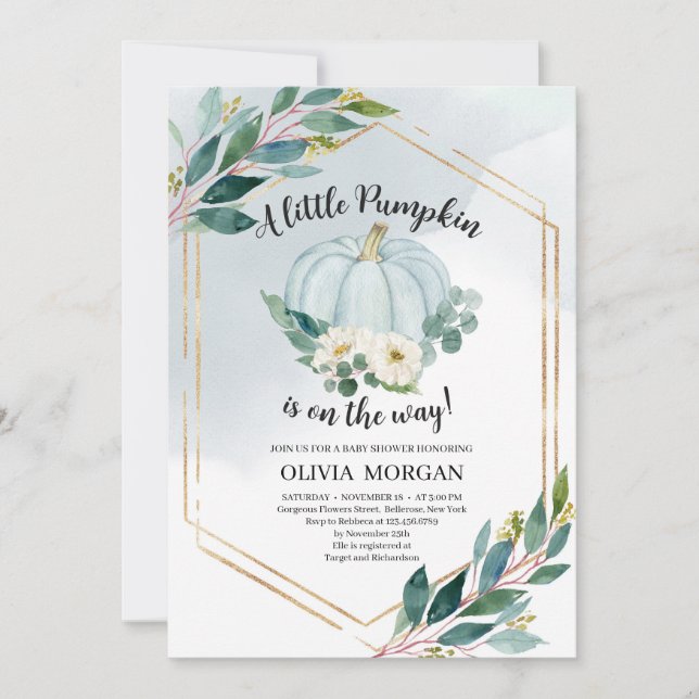 Invitation Aquarelle bleue pastel verdure petit citrouille (Devant)