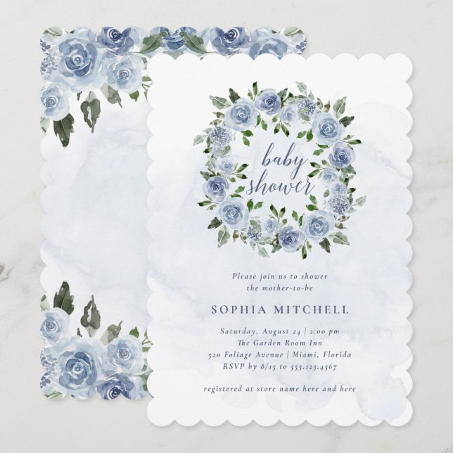 Invitation Aquarelle Bleue Plutôt Dusty Fleurs | Baby shower (Devant / Derrière)