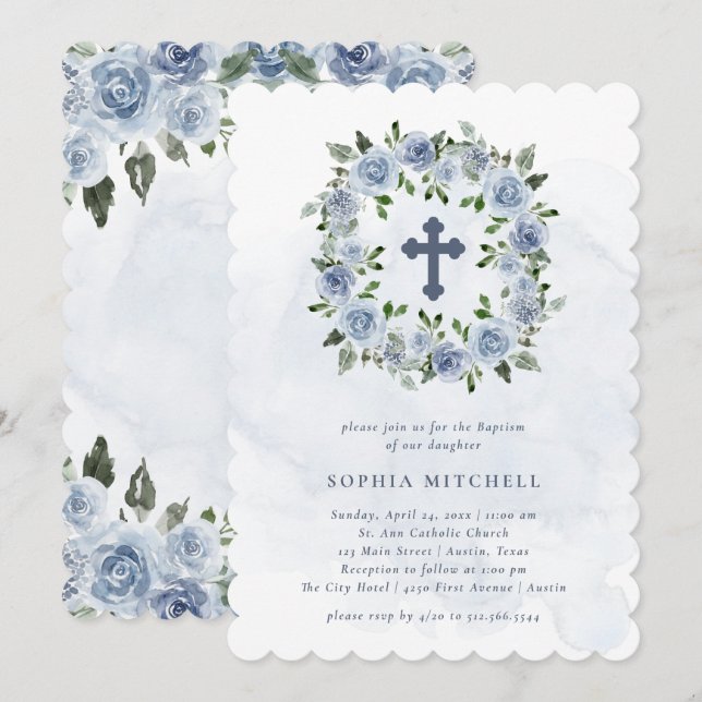 Invitation Aquarelle Bleue Plutôt Dusty Fleurs | Baptême (Devant / Derrière)
