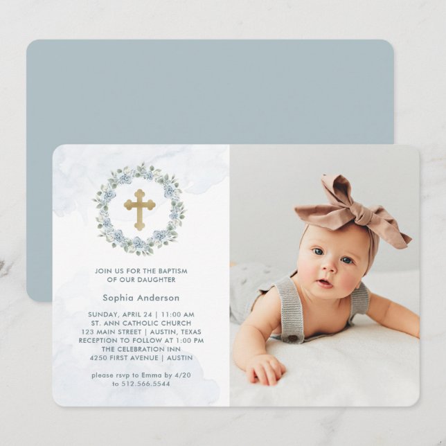 Invitation Aquarelle Bleue Plutôt Dusty Photo Florale Baptême (Devant / Derrière)