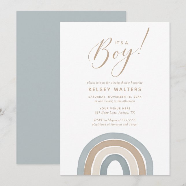 Invitation Aquarelle bleue Rainbow C'est un Baby shower garço (Devant / Derrière)