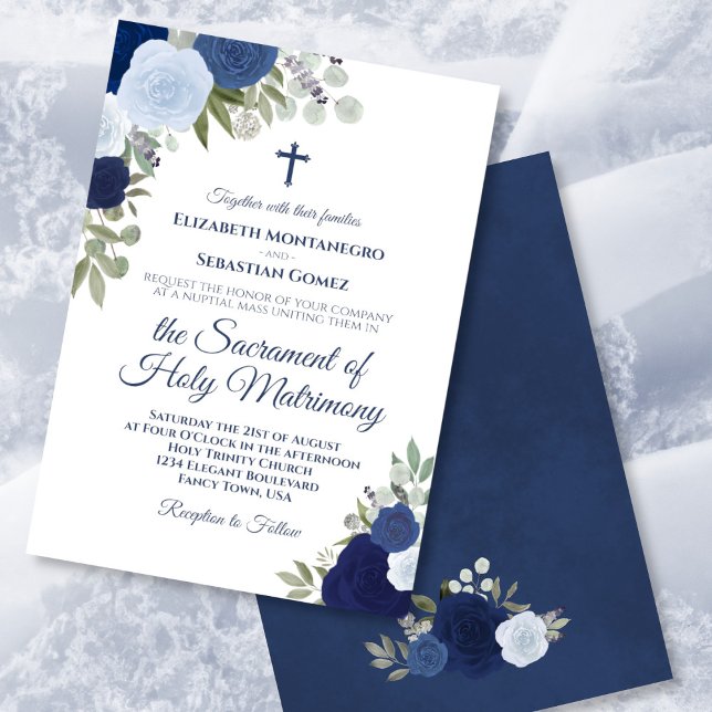 Invitation Aquarelle bleue Rose Mariage catholique moderne (Créateur téléchargé)