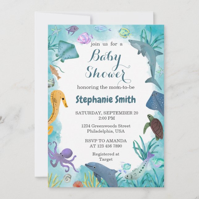 Invitation Aquarelle bleue sous le Baby shower marin (Devant)