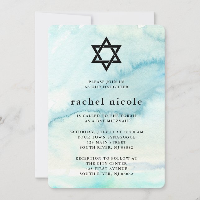 Invitation Aquarelle bleue tendance Bat mitzvah (Devant)