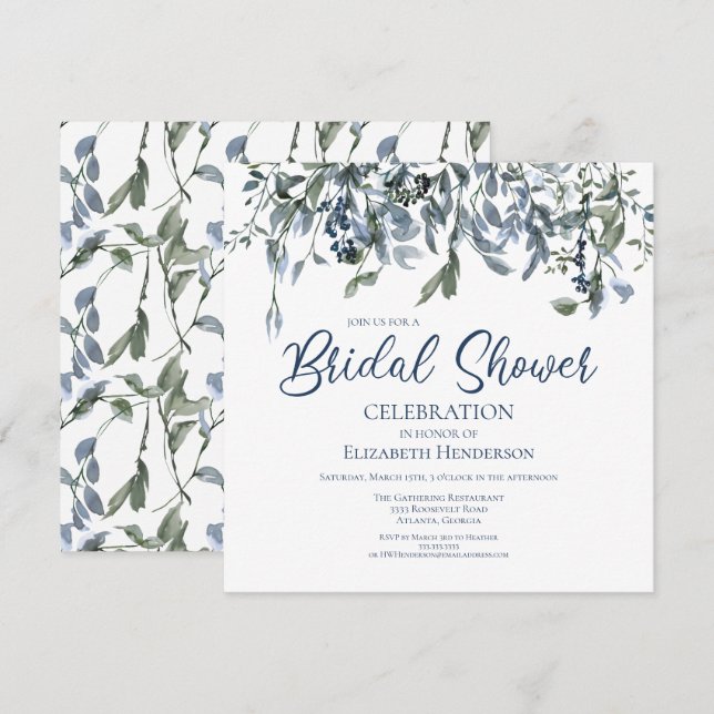 Invitation Aquarelle bleue Vignes florales Fête des mariées (Devant / Derrière)