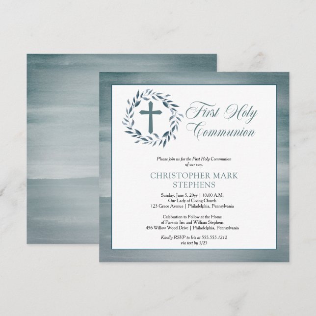 Invitation Aquarelle bleue Wreath Boy Première Communion sain (Devant / Derrière)