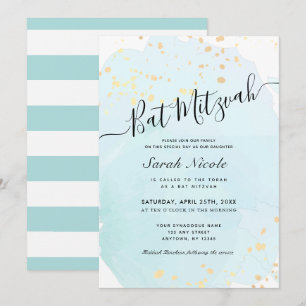 Invitation Aquarelle bleue x Bat mitzvah plaquettes or