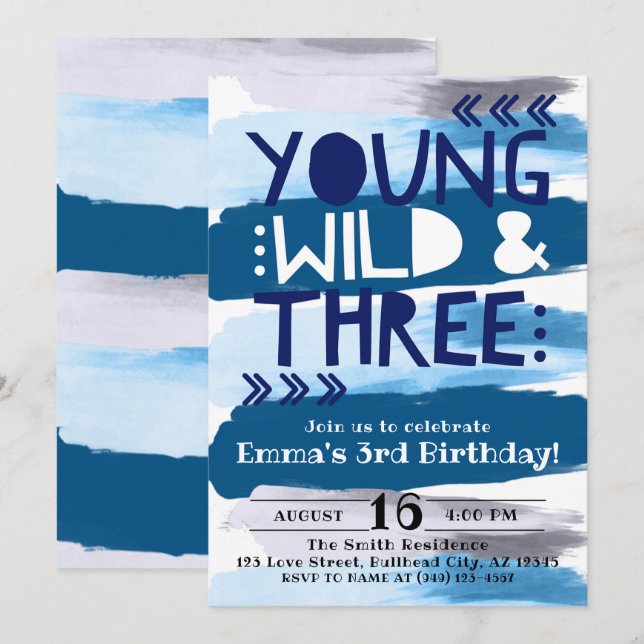 Invitation Aquarelle bleue Young Wild & Three 3e anniversaire (Devant / Derrière)