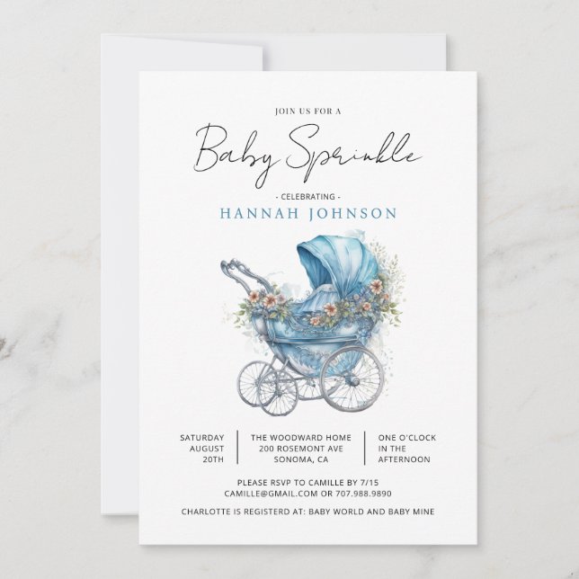 Invitation Aquarelle Blue Baby Carriage C'est une aspersion p (Devant)