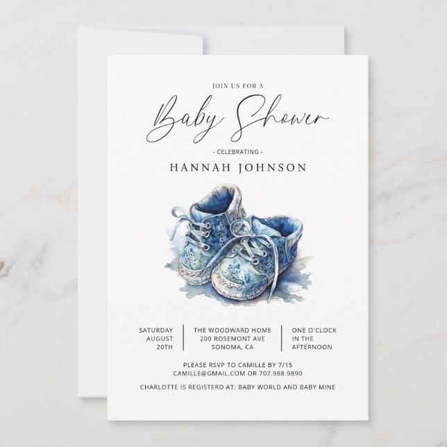 Invitation Aquarelle Blue Baby Chaussures Baby shower garçon (Devant)